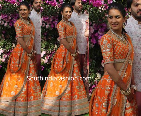 Anant Ambani’s girlfriend Radhika Merchant in a Sabyasachi lehenga Akash Ambani Wedding, Green Silk Lehenga, Akash Ambani, Ambani Wedding, Radhika Merchant, Anant Ambani, Orange Lehenga, Indian Bridesmaid Dresses, Half Saree Lehenga