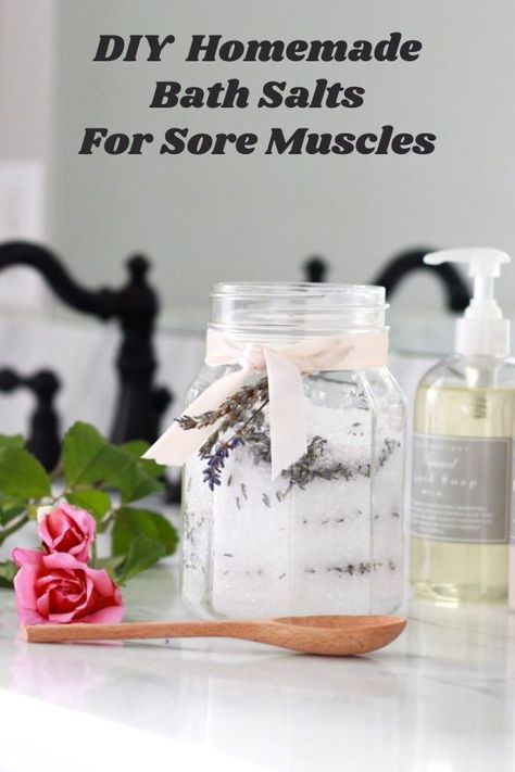 DIY Bath Salts Recipe. Easy to make and inexpensive bath salts for sore muscles Diy Epsom Salt Bath Recipes, Diy Bath Salts Recipe, Epsom Salt Bath Recipe, Sore Muscles Bath Soak, Esthetic Business, Diy Bath Salts With Essential Oils, Muscle Relief Bath, Foaming Bath Salts, Bath Salts Diy Recipes