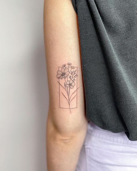 Flower In A Square Tattoo, Flower In A Box Tattoo, Floral Tattoo Geometric, Box Flower Tattoo, Geometric Botanical Tattoo, Flower Box Tattoo, Square Flower Tattoo, Flower In Box Tattoo, Flower In Frame Tattoo