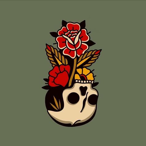 Momento Mori Traditional Tattoo, Traditional Skull And Flower Tattoo, Skull Planter Tattoo, Coffin Flower Tattoo, Memento Mori Traditional Tattoo, American Traditional Skulls, Deadhead Moth Tattoo, Skull With Plants Tattoo, Skull American Traditional Tattoo