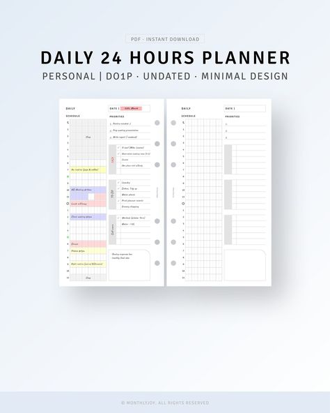 24 Hours Planner Personal Size Inserts Printable, Work Schedule Organizer, Undated Daily Planner, Time Blocking Template, Digital Download monthlyplannertemplate #budgetplanner. Daily Study Planner, Time Blocking Template, Hour Planner, Planer Organisation, Personal Size Planner, Schedule Organizer, Student Planner Printable, Undated Daily Planner, Simple Planner