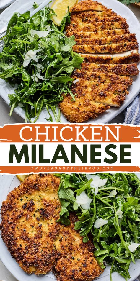 Add this Italian Chicken Milanese to your simple weeknight dinner ideas! This chicken recipe starts with breaded chicken breasts served with a simple arugula salad. What a delicious weeknight dinner recipe for the family! Arugula Chicken Recipes, Chicken Melanzane, Chicken Melinase, Oven Baked Chicken Milanese, Chicken Milanese Side Dishes, Chicken Melanesia, Arugula Recipes Dinners, Chicken Milanese With Arugula Salad, Authentic Italian Chicken Recipes