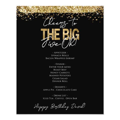 50th Birthday Big Five-oh Party Menu Flyer Honey Carrots, Spinach Rolls, Bacon Wrapped Shrimp, Menu Flyer, Drink List, Shrimp Dinner, Birthday Bar, Party Menu, Open Bar