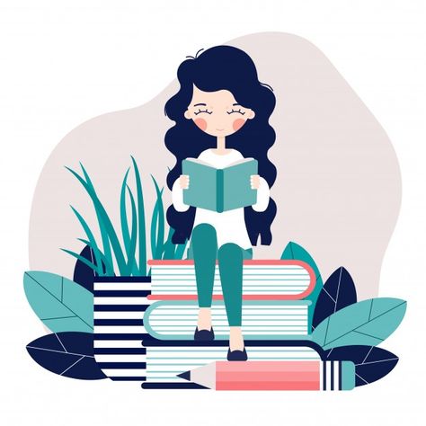 Reading A Book, Premium Vector, A Book, A Girl, Reading, Plants, Books