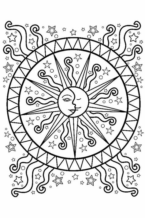 Sun And Moon Coloring Pages, Sun And Moon Coloring, Colouring Art Therapy, Sun Coloring Pages, Stitch Coloring Pages, Moon Coloring Pages, Bible Verse Coloring Page, Moon Mandala, Swear Word Coloring Book