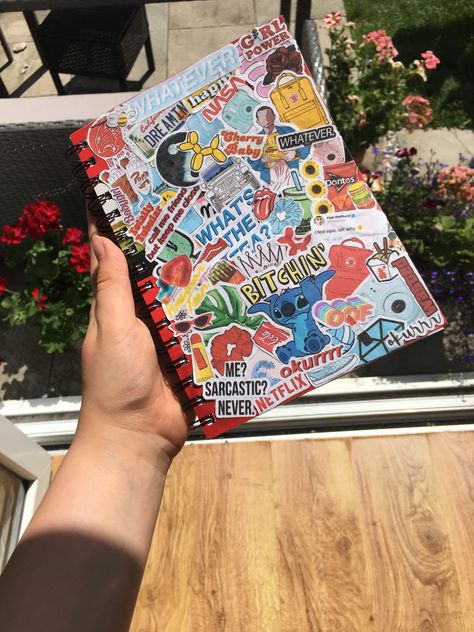 Stickers On Book Cover, Sticker On Notebook Cover, Notebook Cover Art Diy, Sticker Covered Things, Notebook Covered In Stickers, Stickers Placement Ideas, Decorating A Sketchbook Cover, Sticker Covered Notebook, Customized Notebooks Cover