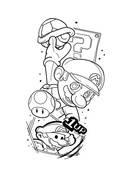 Gaming Line Art, Super Mario Tattoo Design, Mario And Luigi Drawing, Mario And Luigi Hats, Super Mario Tattoo, Ipad Pics, Mario Tattoo, Lightning Tattoo, Artsy Tattoos