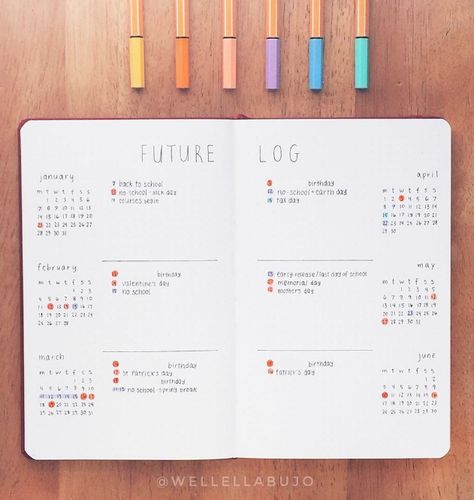 The future log in your bullet journal gives you a yearly overview of the year. See how to set up a bullet journal future log or use my free PDF printable. bullet journal year at a glance page ideas Future Log Bullet Journal, Bullet Journal Index Page, Bullet Journal Yearly, Bullet Journal Page Ideas, Journal Page Ideas, Weekly Log, Bullet Journal Minimalist, Bullet Journal Headers, Kunstjournal Inspiration