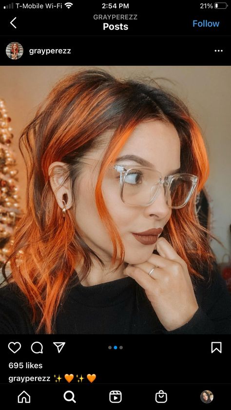 Copper Hair Orange Money Piece, Orange Face Framing Highlights, Orange Face Frame Hair, Brunette To Orange Hair, Lunar Tides Fire Opal, Brown Roots Orange Hair, Light Orange Highlights In Brown Hair, Orange And Black Hair Streaks, Dark Roots Orange Hair Balayage