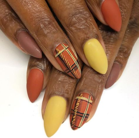 Fall matte plaid nail design! Mix and match fall nail color scheme with a nice burnt orange plaid screams November! Get this manicure this season and click through for more fall nail art inspiration from Katie Masters aka Nail Thoughts Plaid Nail Design, Nails Plaid, Plaid Nail Designs, Fall Nail Color, November Nails, Fall Manicure, Makeup Hacks Beauty Secrets, Fall Nail Art Designs, Plaid Nails