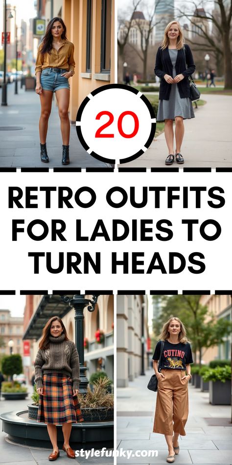 Join the nostalgia with these 20 retro outfits for ladies! Whether you're sporting high-waisted shorts with tights or a classic cardigan over a tea-length dress, you won't go unnoticed. These throwback styles are perfect for any occasion. Try pairing vintage plaid skirts with cozy knit sweaters or rock vintage-inspired culottes with a fun graphic tee. Discover how to blend comfort and flair while showcasing timeless fashion that reflects your unique personality. Perfect for a casual day out or a night on the town, these outfits will make heads turn! Retro Chic Outfits, Retro Night Outfit, Retro Theme Outfit, 90s Layering, Outfits For Ladies, Mod Girl, Rock Vintage, Preppy Chic, Shirt Tucked In