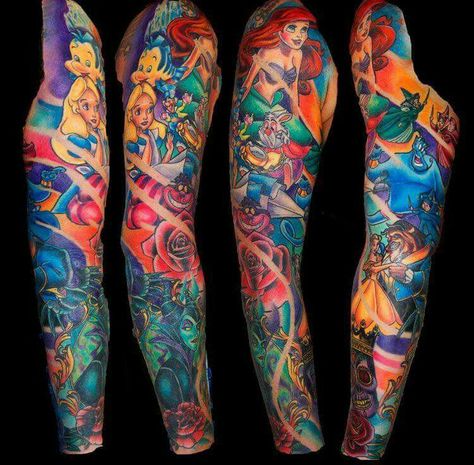 Disney sleeve Disney Thigh Sleeve Tattoo, Disney Leg Sleeve Tattoo Women, Disney Sleeve Filler, Disney Full Sleeve Tattoo, Dark Disney Tattoos Sleeve, Disney Inspired Tattoos Sleeve, Disney Themed Tattoos Sleeve, Sleeve Disney Tattoo, Dark Disney Tattoos Ideas