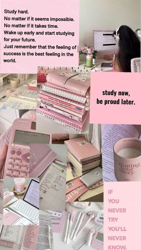 Study aesthetic girl motivational wallpaper Notes Ideas Study Aesthetic, Pink Study Motivation, Study Now Be Proud Later, Study Girl Aesthetic, Vet School Motivation, Study Hard Quotes, Study Girl, Pink Academia, High School Survival