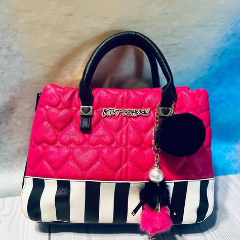 Betsey Johnson Nwot Quilted Hearts Leather Handbag - Hot Pink With Black & White Striped Trim W/ Betsey Johnson Nameplate & 2 Detachable Pom Pom Flairs - New Without Tags & Never Used! Bag Has 3 Interior Compartments (2 Open Compartments & 1 Zipper Compartment) + Smaller Additional Zipper Pocket Inside And 2 Interior Pockets. This Seriously Cute Purse With Betsey Johnson's Signature Quilted Hearts Is Perfect For Going Back To School Or A Night Out! Measurements - 14” X 9.75” X 3” W/ 4” Handle Dr Pastel Bags, Betsy Johnson Bags, Quilted Hearts, Betsey Johnson Purses, Favorite Purse, Colorful Handbags, Cute Purse, Satchel Tote Bag, Black Leather Purse