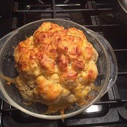 Cheesy Baked Cauliflower - Allrecipes.com - Very good! - I cooked the cauliflower in the microwave for 10 min first. - I added the Parmesan to the mustard/mayo mixture 1st - I added garlic and used less butter. Cauliflower Mayo Cheese, Roasted Cheese Cauliflower, Cauliflower Mayo Mustard Cheese, Whole Roasted Cauliflower With Mayo And Cheese, Baked Cheese Cauliflower, Baked Califlower, Cheesy Roasted Cauliflower, Cheesy Baked Cauliflower, Cheesy Cauliflower Recipes