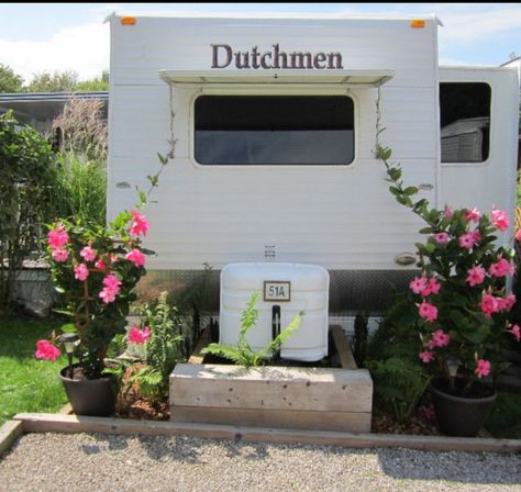 Permanent Camper Site Ideas, Trailer Porch, Seasonal Campsite, Campsite Decorating, Campsite Ideas, Storage And Organization Ideas, Bucking Horse, Rv Sites, Rv Storage