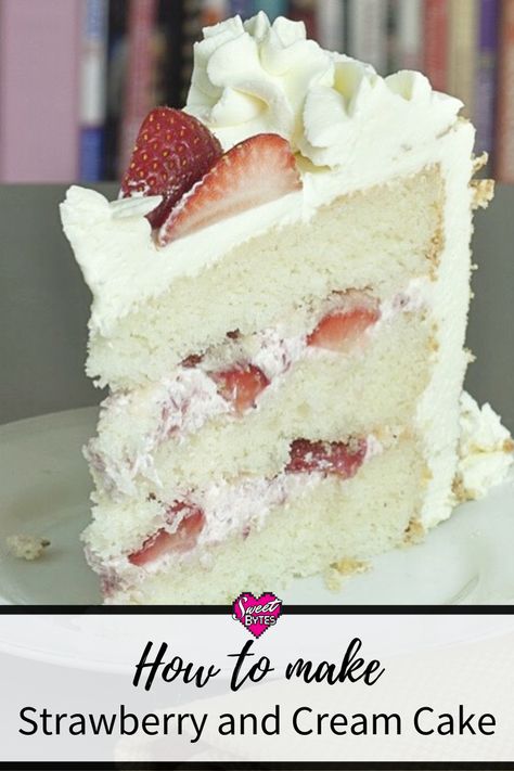 This Strawberry and Cream cake is as beautiful as it is delicious! Get the recipe and all the tips and tricks for baking it at Sweet Bytes! #baking #cake #recipe Strawberry And Cream Cake, Strawberry Wedding Cakes, Mascarpone Cake, Savory Cakes, Strawberry And Cream, Strawberry Cream Cakes, Strawberry Cake Recipes, Baking Cakes, Salty Cake