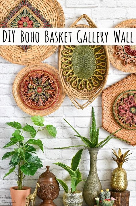 Boho wall hanging and basket wall decor by thrift shopping for straw trivets and flat baskets Boho Straw Wall Decor, Diy Basket Wall, Decor With Baskets, Boho Basket Decor, Basket Gallery Wall, Boho Basket, Boho Gallery Wall, Painted Baskets, Thrift Store Decor