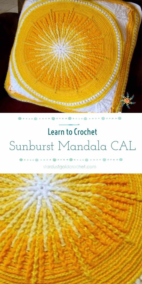 Crochet Along with Jenny Augenia Lawson | Sunburst Mandala Cushion CAL starts NOVEMBER 10th | Crochet-a-Long-with-US! – Stardust Gold Crochet Crochet Sun Mandala, Crochet Sun Blanket, Celestial Crochet Patterns, Celestial Crochet, Sunburst Crochet, Crochet Music, Sun Crochet, Crochet Sun, Gold Crochet