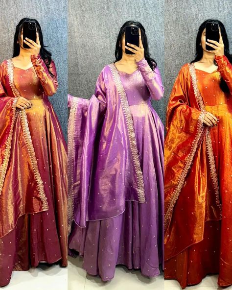 On Sale Rs.1349/- Free Shipping WITH EXCLUSIVE GOWN MASTER SERIES IN QUALITY PRODUCT* *GOWN FABRICS : ORIGINAL BANARASI TISSU TWO TONE WITH EMBROIDERY WITH 3mm SEQUENCE THREAD WORK* *GOWN LENGTH- 55+* *DUPPTA- Banarasi Tissu With Embroidery sequence cut Work 2.2 MITR* *SLEEV LENGTH - 26 inch+ *LINING : Micro* *Size : M upto L Size xl upto Xxl *NOTE : BE AWARE MARKET REPLICA NET TISSU AND ERODE SILK WE ARE MAKING ORIGINAL BANARASI TISSU SILK WITH TWO TONE SADE ONLY* 🌿🌿🌿🌿🌿🌿🌿🌿🌿... Tissue Fabric Dress Design, Tissue Gown, Fabric Dress Design, Silk Anarkali Gown, Design Gown, Tissue Fabric, Exclusive Gowns, Silk Anarkali, Alaska Fashion