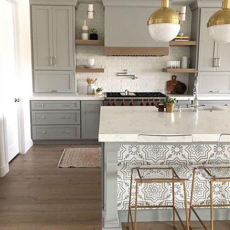 Kitchen Peninsula Tile Ideas, Kitchen Island Tiles Ideas, Kitchen Island Accent Tile, Island Wallpaper Kitchen, Tile On Front Of Kitchen Island, Tile On Back Of Island, Tile Kickboard Kitchen Island, Wallpaper Under Kitchen Island, Tile On Kitchen Island Base