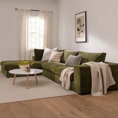 Moss Green Sofa Living Room, Forest Green Couch, Green Sofa Living Room, Mid Century Lounge, Green Couch, Lounge Ideas, Green Sofa, Couches Living Room, Room Designs