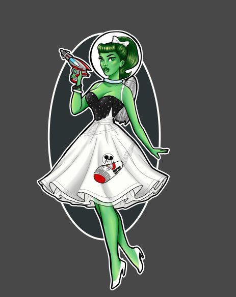 Alien Pinup Tattoo, Alien Pinup, Space Pinup, Pinup Zombie, Space Girls, Pin Up Girl Tattoo, Alien Queen, Fantasy Tattoos, Alien Girl