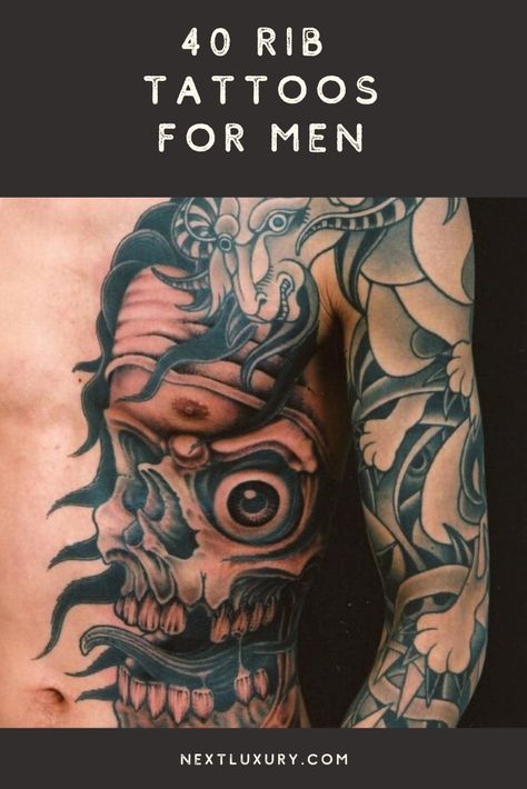 Thinking about getting a tattoo on your ribs? You’re in luck, I’ve put together a collection of 40 rib tattoos for men featuring small designs to full body canvas ink.No matter what big or small ideas you decide to go with, one thing is for certain: It’s going to be a grueling experience in the chair. Ribcage tattoos are one of the more painful parts of the male body to ink. Best Male Tattoos, Ribs Tattoo Men Ideas, Rib Cover Up Tattoos For Men, Tattoo Ideas For Men Ribcage, Men Rib Tattoo Ideas, Male Rib Tattoos, Big Tattoo Ideas For Men, Big Rib Tattoo, Side Tattoo Men