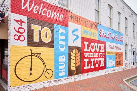 Spartanburg South Carolina, Upstate South Carolina, Photo Time, Spartanburg Sc, Colorful Murals, Environmental Design, Freshman Year, Mural Wall Art, Travel List