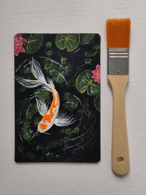 Koi Fish With Lilly Pads Painting, Canvas Fish Painting, Painting Inspo Beginner, Koi Pond Painting Acrylics, Coi Fish Painting Acrylic Easy, Koi Fish With Lilly Pads Drawing, Koi Fish Painting Tutorial, Koi Fish Drawing Color, Coy Fish Painting Ideas