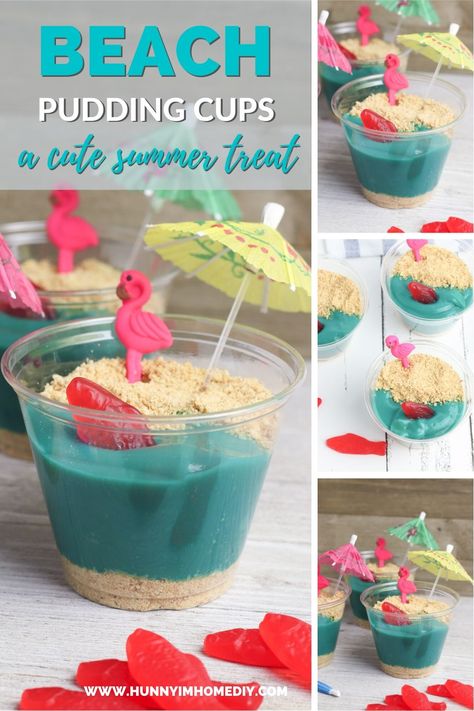 These adorable beach pudding cups are a great beach pudding snack! The also make great beach party dessert ideas, beach themed snacks, beach themed party snacks, and awesome beach party desserts for kids. If you're looking for summer snack ideas or summer snacks for a party, you need to check out these easy beach pudding cups! They even make great ocean themed snacks for kids and ocean themed snacks for preschool. Easy Ocean Themed Desserts, Ocean Pudding Cups, Beach Theme Snacks For Preschool, Beach Pudding Cups, Ocean Theme Snacks For Preschool, Luau Snacks For Kids, Tropical Party Snacks, Ocean Themed Snacks For Kids, Ocean Snacks For Preschool