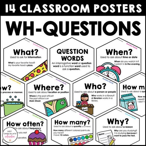 English Grammar Posters Classroom, Wh Questions Chart, Esl Classroom Posters, Esl Bulletin Boards, Wh Questions Poster, English Bulletin Board Ideas, Esl Bulletin Board, Grammar Bulletin Boards, Wh Question Words