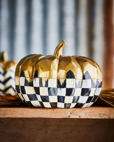 Fake Pumpkins | POPSUGAR Home Checkered Pumpkins, Mackenzie Childs Diy, Decorative Pumpkins, Mackenzie Childs Inspired, Mckenzie And Childs, Fake Pumpkins, Halloween Pumpkins Painted, Wooden Pumpkins, Small Pumpkins