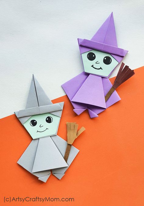 Office Halloween Decorations Diy, Halloween Mobile Craft, Fall Origami For Kids, Samhain Crafts For Kids, Paper Crafts Halloween, Halloween Origami Easy, Halloween Craft Easy, Origami Crafts For Kids, Witch Craft For Kindergarten