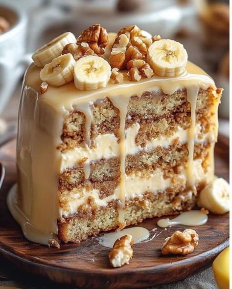 Yummy &very good recipes | 🍌 Heavenly Banana Walnut Cream Cake 🎂 | Facebook Cake With Layers, Banana Walnut Cake, Ice-cream Cake, Walnut Cream, Cinnamon Roll Bread, Banana Walnut, Easy Cinnamon, Pudding Cake, Cake With Cream Cheese