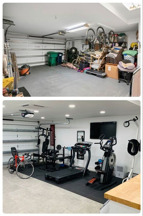 Garage Work Out Gym, Workout Garage Home Gyms, Home Gym Half Garage, Gym At The Garage, Garage Peloton Gym, At Home Gym Room Small Spaces Garage, Functional Garage Gym, Garage Half Gym Half Storage, Garage Gym Man Cave Ideas