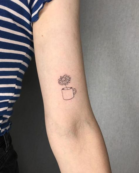 Stick And Poke Sunflower, Sunflower Stick And Poke, Sunflower Book Tattoo, Fineline Sunflower Tattoo, Coffee Mug Tattoo, Tattoos Sunflower, Tattoo Fairy, Sunflower Tattoo Simple, Tattoo Sunflower