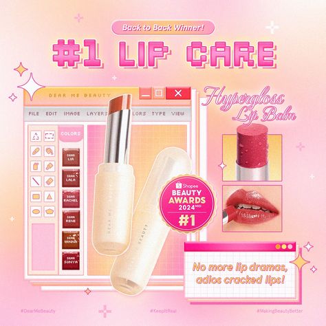 👑 𝗛𝘆𝗽𝗲𝗿𝗴𝗹𝗼𝘀𝘀 𝗟𝗶𝗽 𝗕𝗮𝗹𝗺: #𝟭𝗦𝗧 𝗟𝗜𝗣 𝗖𝗔𝗥𝗘 👑 Now you’ve done it again, Squads! 🫵🏻 Hypergloss Lip Balm just snagged the #1 Lip Care spot in the Shopee Beauty Awards 2024! Big thanks to the Dear Me Squads for always having our back and getting us here. We couldn’t have done it without you all! 💗 Stay hyped for more awesome stuff coming from Dear Me Beauty! 💋 Promotion Design Ideas, Cosmetics Ads, Dear Me Beauty, Beauty Poster, Beauty Ads, Makeup Ads, Poster Design Layout, Color Lip Balm, Social Templates