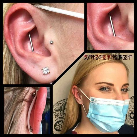 Done @inkspired PE Multiple Ear Piercings Industrial, Industrial Piercing With Other Piercings, Vertical Industrial Piercing, Industrial Peircings Earring, Peircings Women Ear Industrial, Industrial Piercing Separate Earrings, Industrial Piercing, Ear Piercings, Piercings