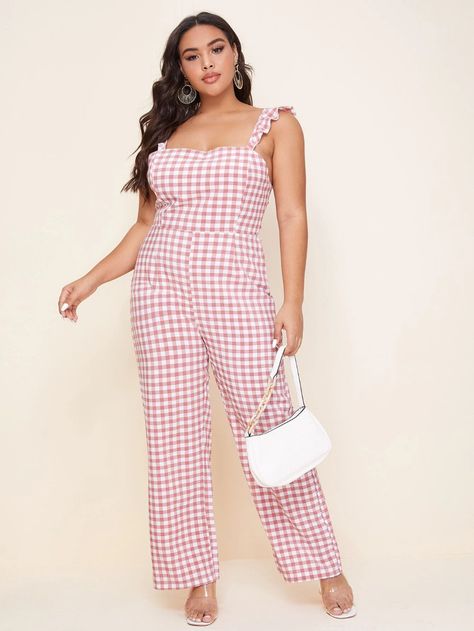 Shein Fashion, Gingham Fashion, Cami Jumpsuit, Cotton Jumpsuit, Plus Size Jumpsuit, Gingham Check, Tie Backs, Tie Back, Ruffle Trim