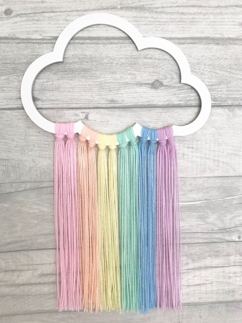 Girls Rainbow Bedroom, Dreamcatcher Mobile, Cloud Decor, Cloud Wall Hanging, Cloud Nursery Decor, Cloud Nursery, Rainbow Bedroom, Yarn Scraps, Cloud Theme