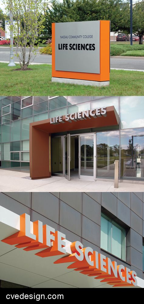 Nassua Community College Life Sciences building/campus signage by Calori & Vanden-Eynden. Campus Signage, College Signage Design, Building Signage Exterior, Building Entrance Design, School Signage, Wayfinding Signage Design, Entry Signs, Building Signs, Exterior Signage