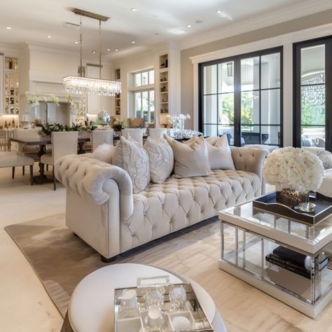 Posh Living Room, White Gold Room, Windows And Curtains, Chesterfield Lounge, Elegant Family Room, Living Room Design Styles, Transitional Living Room Design, Fireplace Windows, Kitchen Entrance