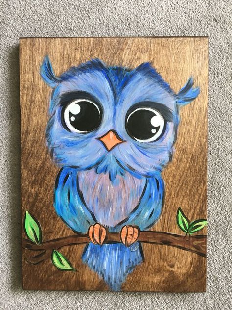 Acrylic Owls On Canvas, Whimsical Owl Art, Drawing On Wood Ideas Easy, Owl Paintings On Canvas Easy, Owl Painting Ideas, Owl Painting Easy, Easy Owl Painting, Cute Owl Painting, Owl Acrylic Painting