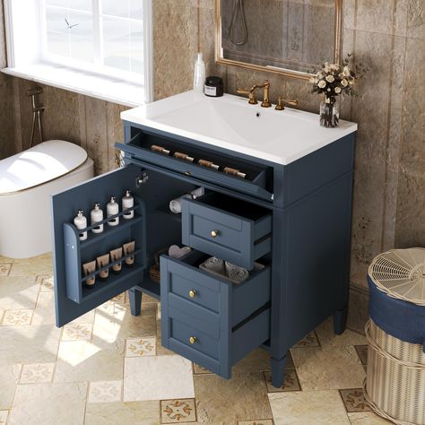 PRICES MAY VARY. Elegant & Minimalist Design: Our bathroom vanity captures clean lines, crisp geometry and contrasting use of mix material and color. With its classic, traditional style, and spacious storage options, this freestanding vanity is the perfect addition to any bathroom. High-quality Material: Our bathroom vanity with single sink features a solid wood base and a waterproof finish, making the vanity body sturdy and durable, the smooth surface of the ceramic sink and vanity top are easy Bathroom Vanity Modern, Bathroom Sink Cabinet, Vintage Handles, Vanity Modern, Unique Cabinet, 30 Bathroom Vanity, Bathroom Sink Cabinets, Blue Vanity, Bathroom Lamp