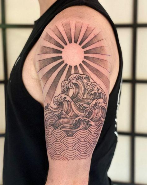 Wave And Sun Tattoo, Rising Sun Tattoo, Japanese Sun Tattoo, Sun Tattoo Meaning, Rising Sun Tattoos, Shoulder Cap Tattoo, Small Wave Tattoo, Sky Tattoos, Sun Tattoo Designs