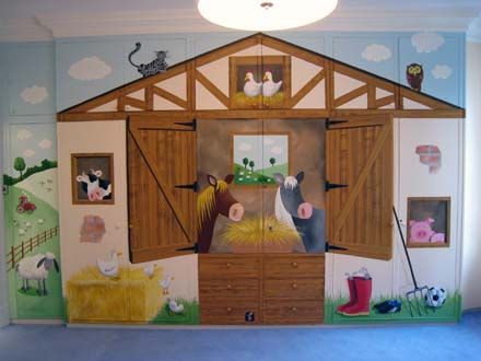 Farmyard theme mural painted on wardrobes #kidroommural #childroommural Farmyard Wall Mural, Barnyard Playroom, Farmyard Bedroom, Farm Bulletin Board, Country Hallway, White Wardrobes, Farmhouse Playroom, Creative Mural, Kids Room Wall Murals