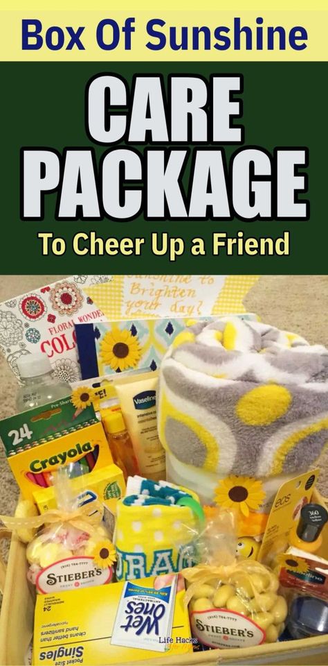 Cheer Up Gift Basket: Box Of Sunshine Care Package - easy enough DIY gift to send a grieving friend, a sick relative or someone going through tough times. Get Well Soon Diy Gifts, Homeless Care Package Blessing Bags, Sympathy Gift Basket Ideas, Bereavement Gift Basket, Diy Gift Basket Ideas, Sunshine Care Package, Homeless Care Package, Diy Gift Basket, Unique Sympathy Gifts