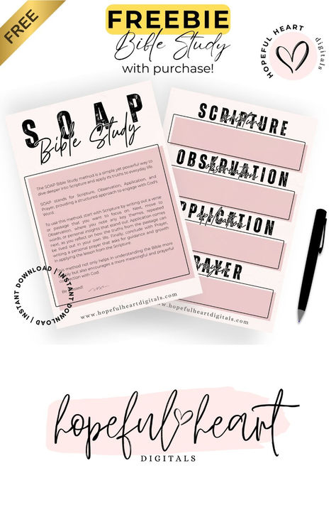 Grab your FREE SOAP Bible Study printable with any purchase from my Etsy shop. Perfect for diving deeper into scripture and growing your faith. This simple method helps you reflect, apply, and pray through God’s Word. Save this pin to access your download anytime! #SOAPBibleStudy #BibleStudyTools #FreePrintable #FaithInspiration #ChristianResources Bible Soap, Bible Study Methods Ideas, Soap Method Bible Study, Bible Study Soap, Growing Your Faith, Soap Bible Study Method, Soap Method, Method Soap, Bible Study Method