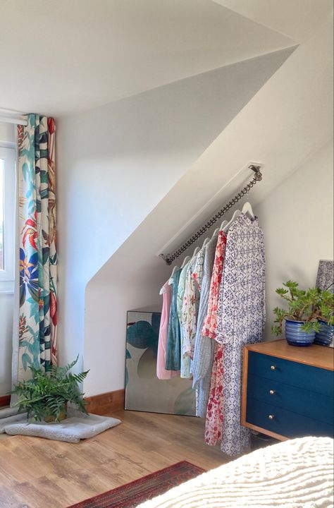 The amazing Zebedee Clothes Rack - superb wardrobe storage for the loft, attic or under the stairs. Sloped Ceiling Bedroom Master Suite, Sloped Ceiling Closet, Closet Redo, Vintage Bedroom Furniture, Angled Ceiling, Interior Cladding, Attic Closet, No Closet Solutions, Loft Furniture